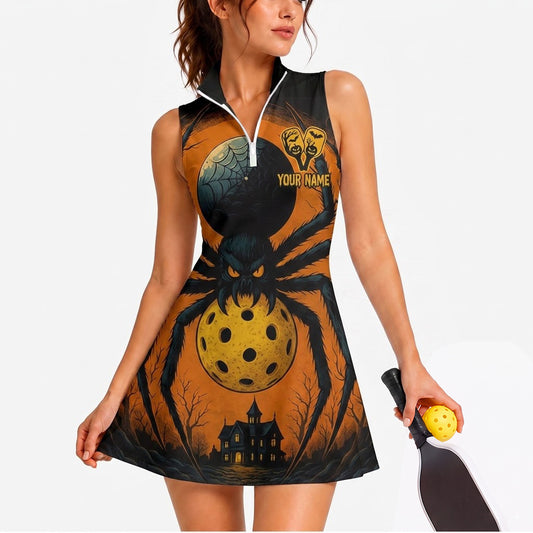 Maxcorners Pickleball Sleeveless Zipper Sports Dress Set Halloween Black Cat Pumpkin Personalized Name 3D Sleeveless Zipper Sports Dress Set