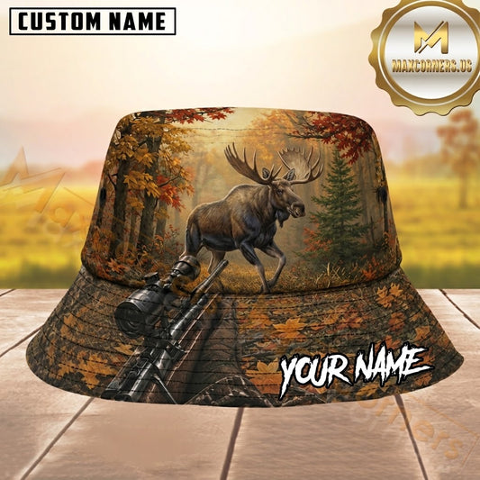 Maxcorners Moose Hunting Autumn Forest Personalized Name 3D Bucket Hat