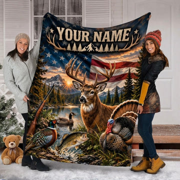 Maxcorners Hunting Large Buck Turkey Pheasant Fish Shotgun American Flag Custom Name 3D Blanket