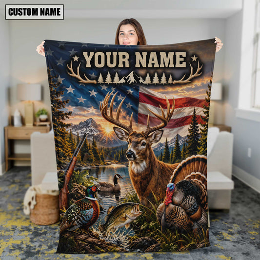 Maxcorners Hunting Large Buck Turkey Pheasant Fish Shotgun American Flag Custom Name 3D Blanket