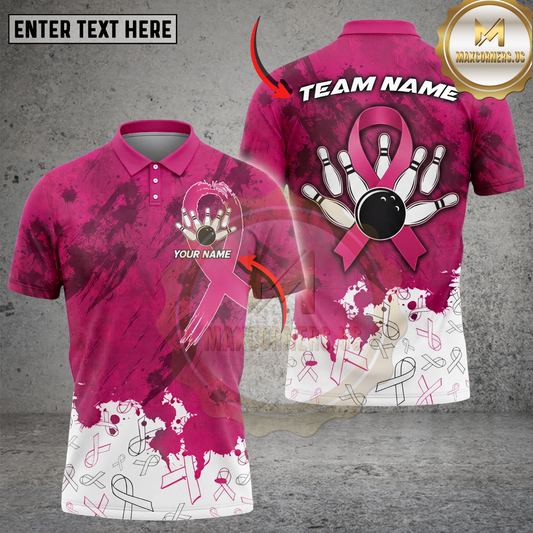 Maxcorners Bowling Awareness Polo Shirt Pink Ribbon Bowling Support Multicolor Options Personalized Name, Team Name 3D Shirt (4 Colors)