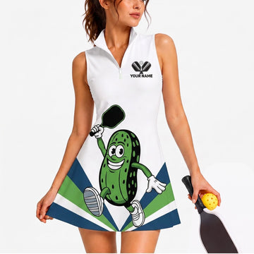 Maxcorners Pickleball Sleeveless Zipper Sports Dress Set Green Pickle Chef Character Personalized Name 3D Sleeveless Zipper Sports Dress Set