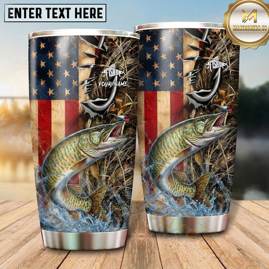 Maxcorners Fishing Tumbler Vintage Flag Woodland Collage Design Personalized Name Tumbler (13 Species)