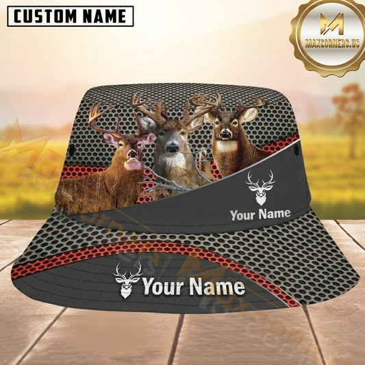 Maxcorners Deer Hunting Grey Honeycomb Mesh Red Accent Personalized Name 3D Bucket Hat