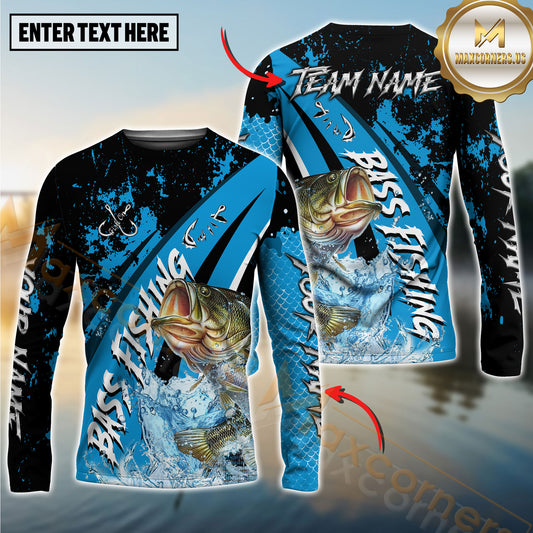 Maxcorners Fishing Blue Black Splash Personalized Name, Team Name 3D Long Sleeve Shirt ( 12 Fish Species)