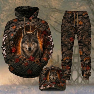 Maxcorners Hunting Wolf Autumn Stone Cave Personalized 3D Combo Hoodie, Sweatpants Set & Cap