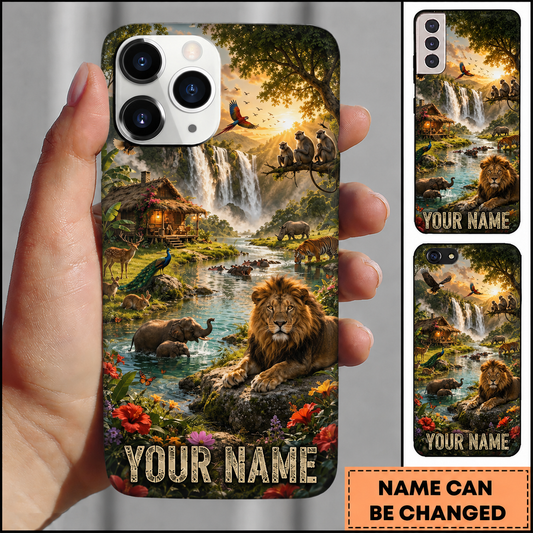 Maxcorners Hunting King Lion Wildlife Kingdom Tropical Rainforest Sunset Waterfall Customized Name Phone Case