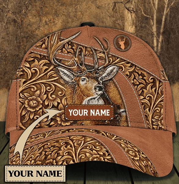 Maxcorners Deer Hunting Leather Pattern Wooden Pattern Personalized Cap