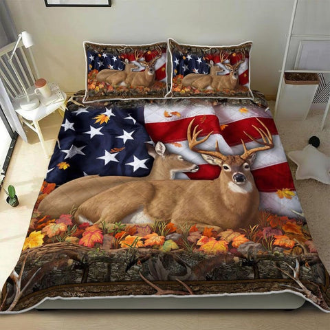 Maxcorners Deer Hunting American Flag Quilt Bedding Set