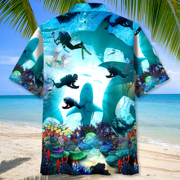 Maxcorners Scuba Diving Shark Colorful Hawaiian Shirt