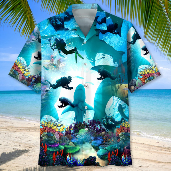 Maxcorners Scuba Diving Shark Colorful Hawaiian Shirt