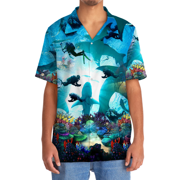 Maxcorners Scuba Diving Shark Colorful Hawaiian Shirt