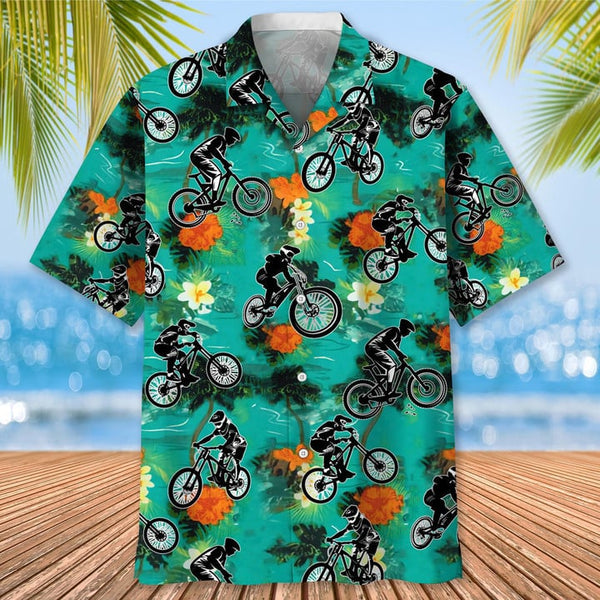 Maxcorner MOUNTAIN BIKE GREEN TROPICAL HAWAIIAN SHIRT