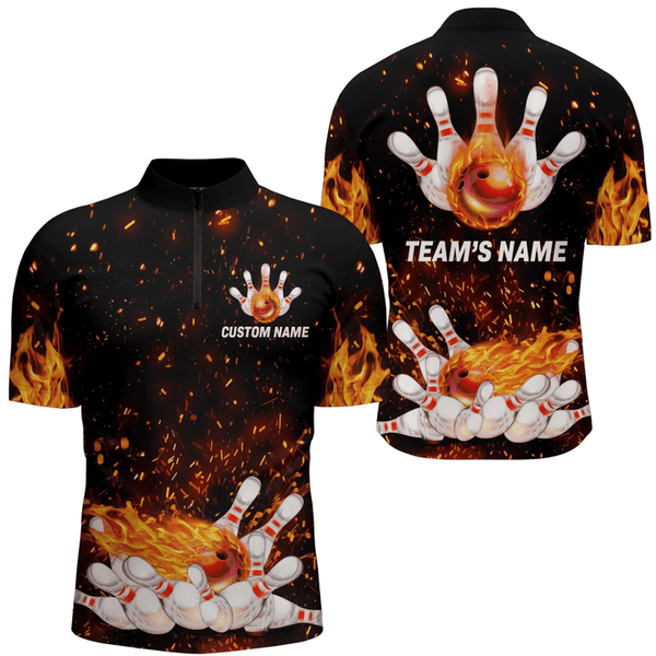 Maxcorners Flame Bowling Custom Name Zipper Polo Shirt