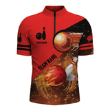 Maxcorners Red Flame Bowling Custom Name Zipper Polo Shirt