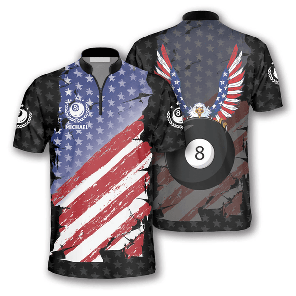 Maxcorners Ball 8 Eagle USA Flag Billiard Custom Name Zipper Polo Shirt
