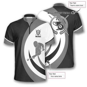 Maxcorners Black Grey Silhouette Billiard Custom Name Zipper Polo Shirt