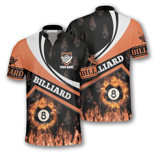 Maxcorners Billiard Fire Flame Orange Billiard Custom Name Zipper Polo Shirt