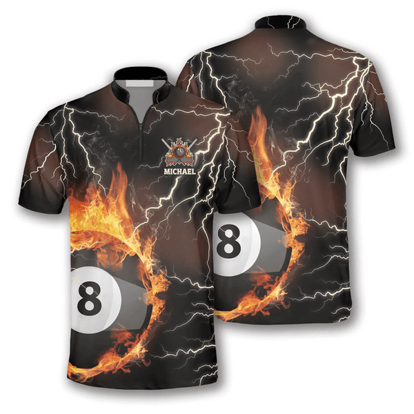 Maxcorners Fire Flame Lightning Billiard Custom Name Zipper Polo Shirt