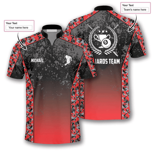 Maxcorners Gradient Red Camouflage Billiard Custom Name Zipper Polo Shirt