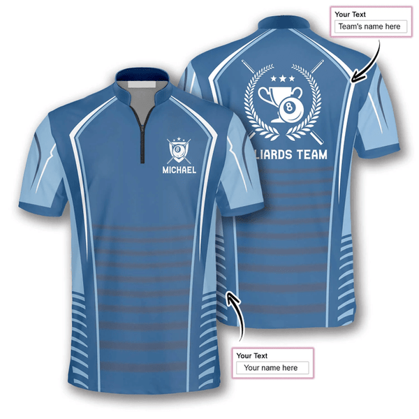 Maxcorners Light Blue Trophy Emblem Billiard Custom Name Zipper Polo Shirt