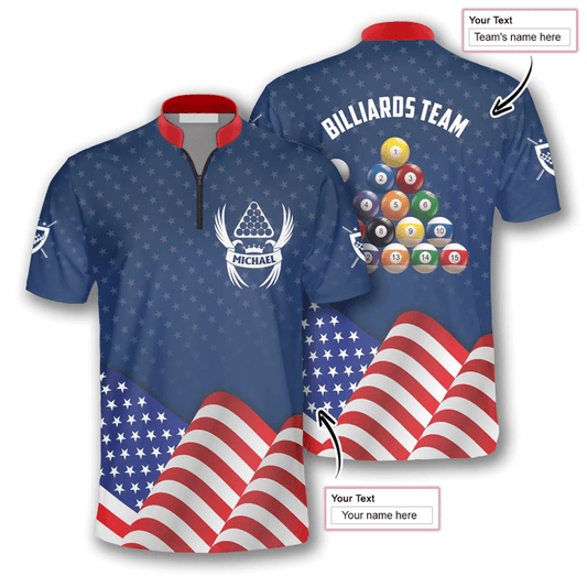 Maxcorners Patriotic Waving Flag Billiard Custom Name Zipper Polo Shirt