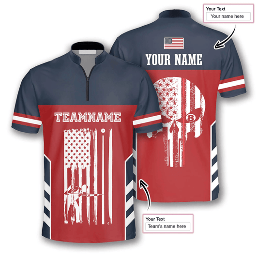 Maxcorners American Flag Skull Red Navy Billiard Custom Name Zipper Polo Shirt
