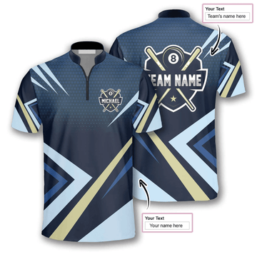 Maxcorners Blue Sports Style Billiard Custom Name Zipper Polo Shirt