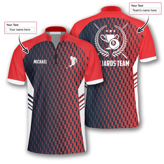 Maxcorners Gradient Red Sports Style Billiard Custom Name Zipper Polo Shirt