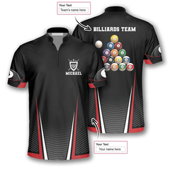 Maxcorners Billiard Balls Red Black Custom Name Zipper Polo Shirt