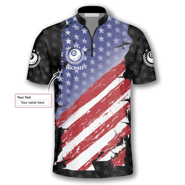 Maxcorners Ball 8 Eagle USA Flag Billiard Custom Name Zipper Polo Shirt