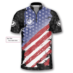 Maxcorners Ball 8 Eagle USA Flag Billiard Custom Name Zipper Polo Shirt