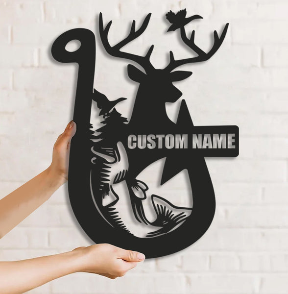 Maxcorners Personalized Hunting Metal Sign WITH LED/WITHOUT LED Light Fishing Wall Art Deer Head Sign Hunter Gift Duck Hunting Sign Bass Fishing Decor LM0110