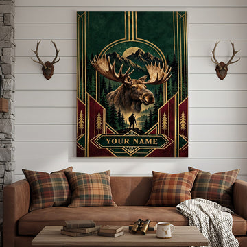 Maxcorners Moose Hunting Art Deco Forest Personalized Canvas Wall Art