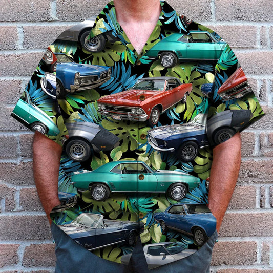 Custom Classic Car Photo Hawaiian Shirt, Tropical Tree Pattern, Summer Gift