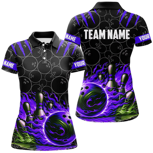 Maxcorners Bowling And Pins Flame Multicolor Option Customized Name 3D Shirt For Women