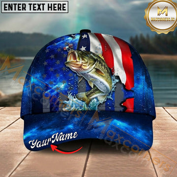Maxcorners Fishing American Flag Galaxy Personalized Name 3D Cap (12 Fish Species)