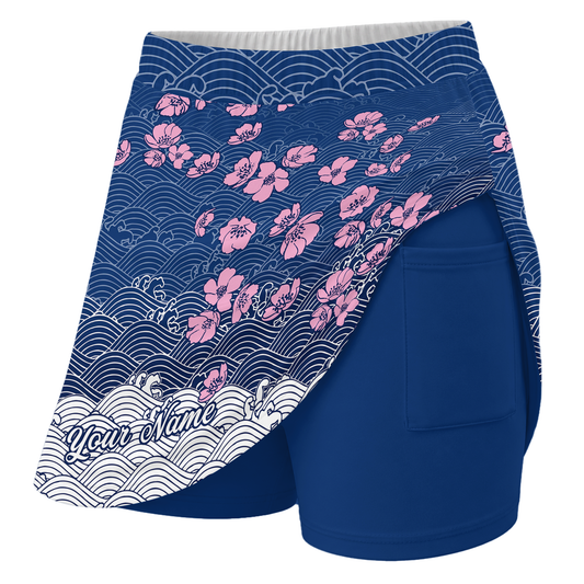 Maxcorners Customized Bowling Trouser Skirts With Shorts Underneath, Bowling Flowers Cherry Blossom Skorts With Pockets