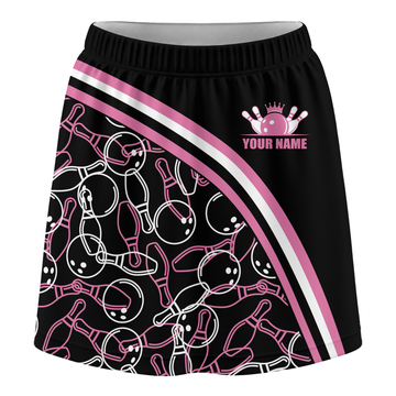 Maxcorners Customized Bowling Trouser Skirts With Shorts Underneath, Black Pink Bowling Pattern Skorts With Pockets