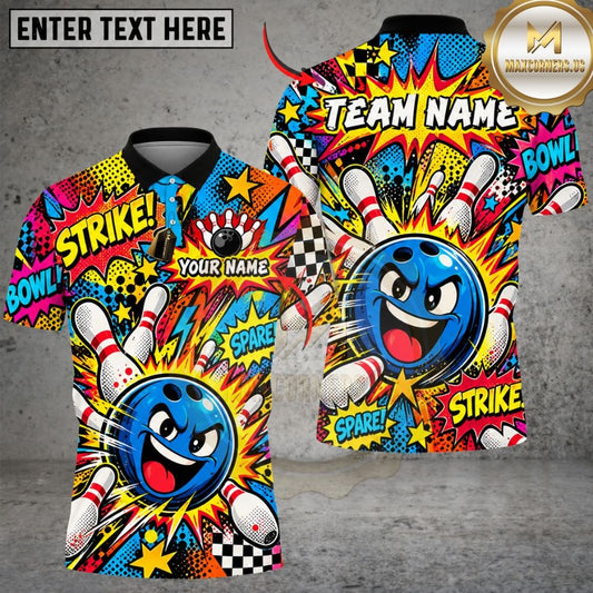 Maxcorners Bowling Expressive Mascot Character Strike Comic Pop Art Pins Graphic Customized Name, Team Name 3D Shirts