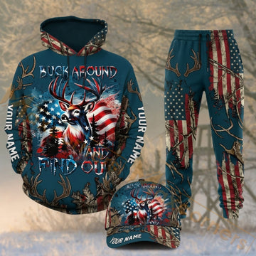 Maxcorners Hunting Patriotic Deer Skull American Flag Camo Personalized 3D Combo Hoodie, Sweatpants Set & Cap