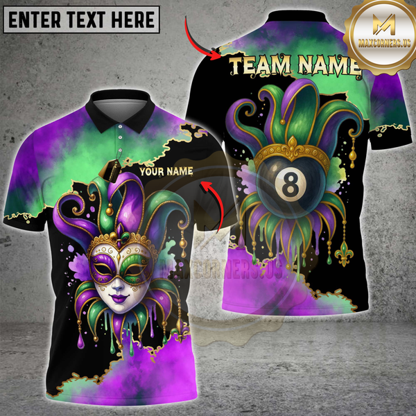 Maxcorners Billiards 8 Ball Mardi Gras Mask Personalized Name 3D Unisex Shirt
