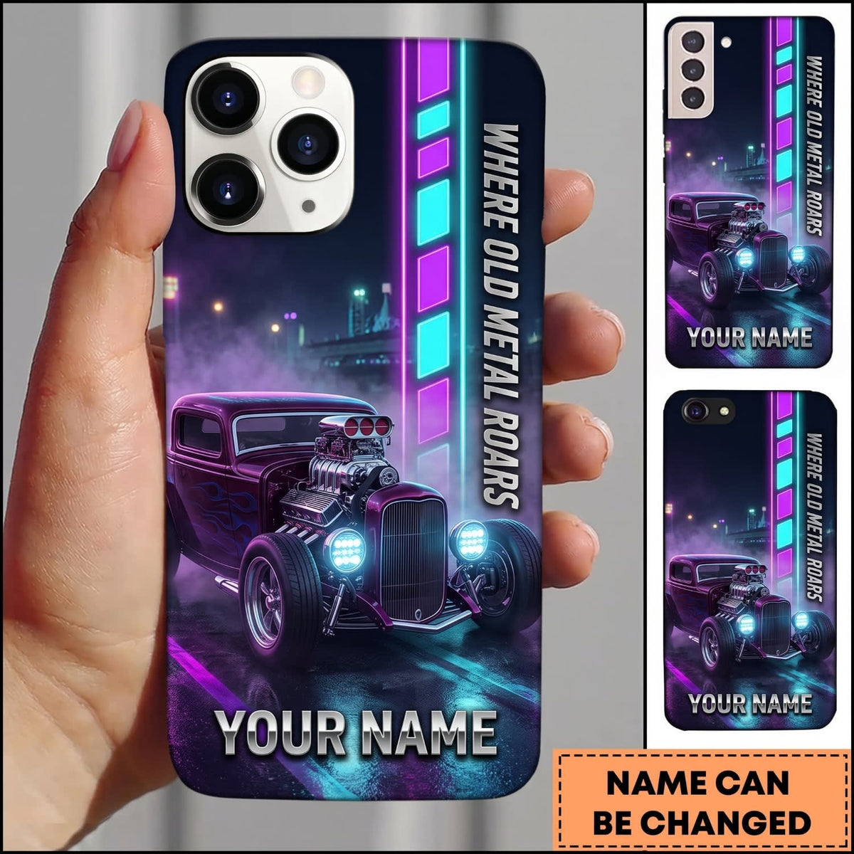 Maxcorners Hot Rod Purple Classic Car with Neon City Lights and Electric Blue Glow Personalized Name 3D Phone Case