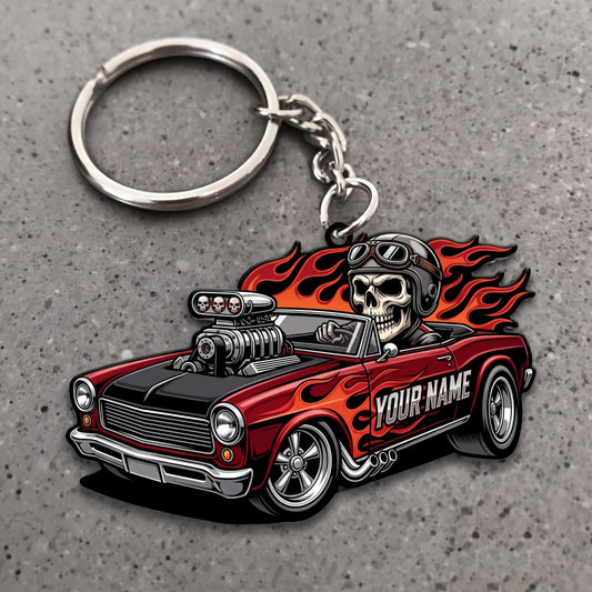 Maxcorners Classic Muscle Car Red Vintage Coupe with Chrome Skull and Orange Flame Personalized Name 3D Keychain And Ornament