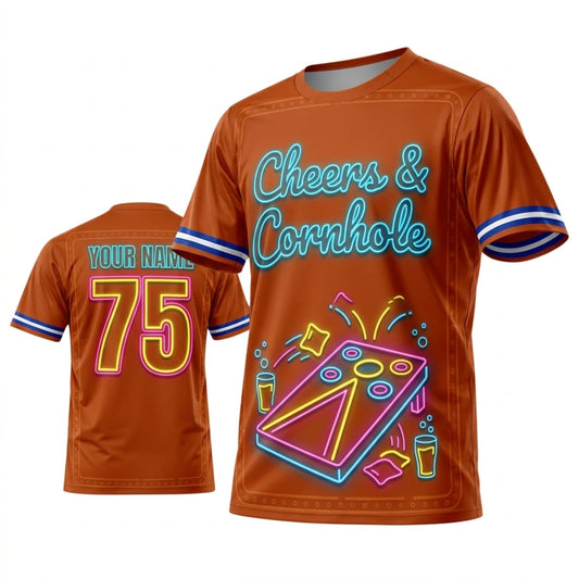 Maxcorners Cornhole Cheers And Cornhole Orange Blue Retro Personalized Name 3D Unisex Shirt