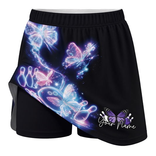 Maxcorners Customized Bowling Trouser Skirts With Shorts Underneath, Bowling Neon Electric Radiant Butterfly Glow With Pockets