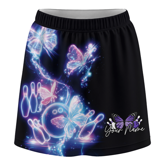 Maxcorners Customized Bowling Trouser Skirts With Shorts Underneath, Bowling Neon Electric Radiant Butterfly Glow With Pockets