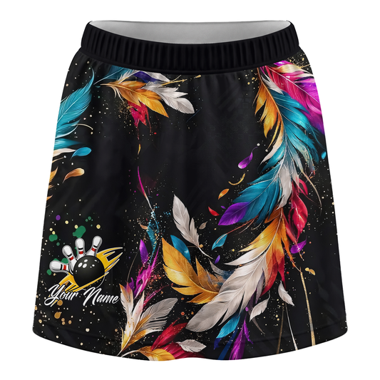 Maxcorners Customized Bowling Trouser Skirts With Shorts Underneath, Bowling Colorful Feather With Pockets