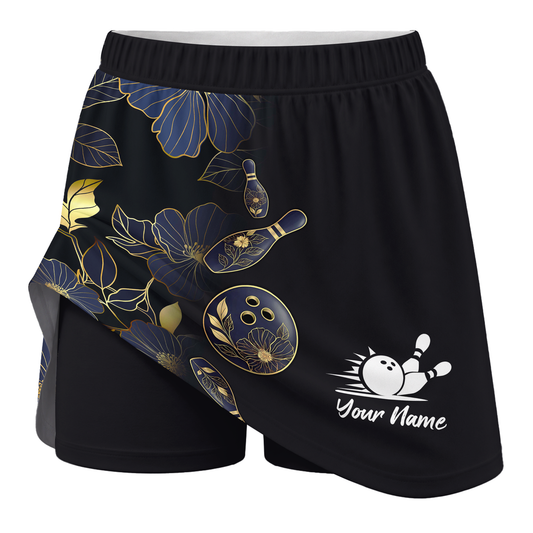 Maxcorners Customized Bowling Trouser Skirts With Shorts Underneath, Bowling Flower Pattern Gradient Gold With Pockets