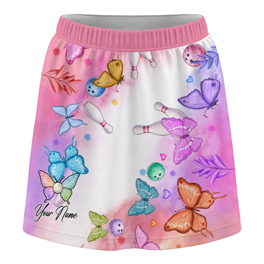Maxcorners Customized Bowling Trouser Skirts With Shorts Underneath, Bowling Whimsical Butterfly Watercolor With Pockets